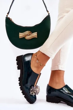 Eleganckie Lakierowane Półbuty Z Ozdobą Ciemnozielone Cindy