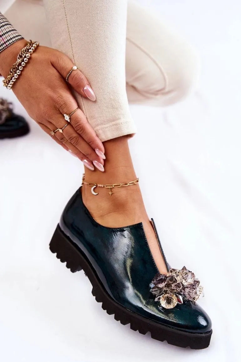 Eleganckie Lakierowane Półbuty Z Ozdobą Ciemnozielone Cindy