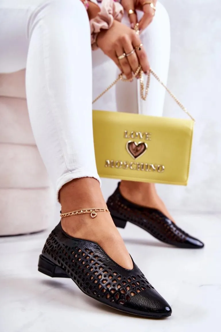 Eleganckie Lakierowane Skórzane Półbuty Ażurowe Czarne Ismena