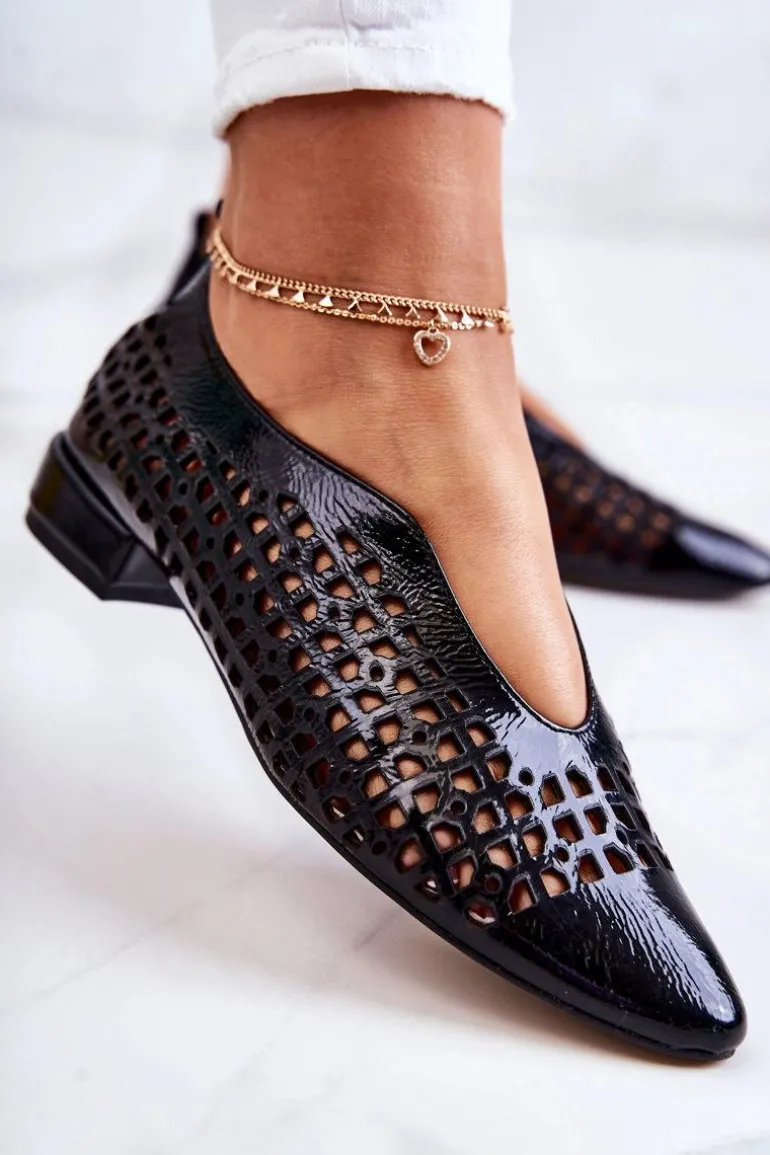 Eleganckie Lakierowane Skórzane Półbuty Ażurowe Czarne Ismena