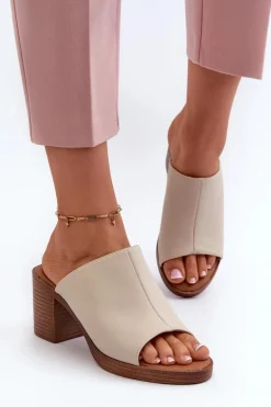 Eleganckie Lekkie Klapki Damskie Na Obcasie Beżowe Varnila