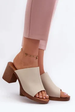 Eleganckie Lekkie Klapki Damskie Na Obcasie Beżowe Varnila