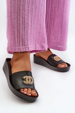 Eleganckie Lekkie Klapki Damskie Z Ozdobą Skóra Naturalna S.Barski KV27-013 Czarne