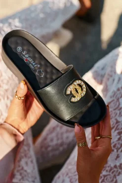 Eleganckie Lekkie Klapki Damskie Z Ozdobą Skóra Naturalna S.Barski KV27-013 Czarne