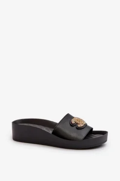 Eleganckie Lekkie Klapki Damskie Z Ozdobą Skóra Naturalna S.Barski KV27-013 Czarne