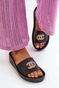 Eleganckie Lekkie Klapki Damskie Z Ozdobą Skóra Naturalna S.Barski KV27-013 Czarne