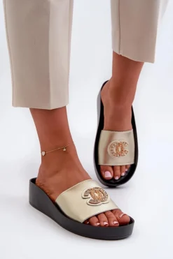 Eleganckie Lekkie Klapki Damskie Z Ozdobą Skóra Naturalna S.Barski KV27-013 Złote