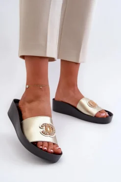 Eleganckie Lekkie Klapki Damskie Z Ozdobą Skóra Naturalna S.Barski KV27-013 Złote