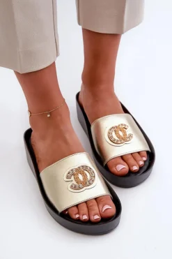 Eleganckie Lekkie Klapki Damskie Z Ozdobą Skóra Naturalna S.Barski KV27-013 Złote