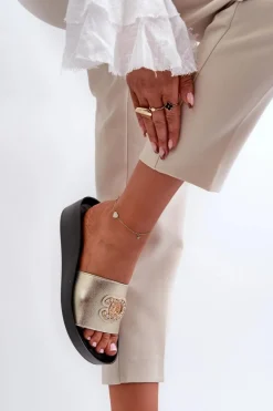 Eleganckie Lekkie Klapki Damskie Z Ozdobą Skóra Naturalna S.Barski KV27-013 Złote