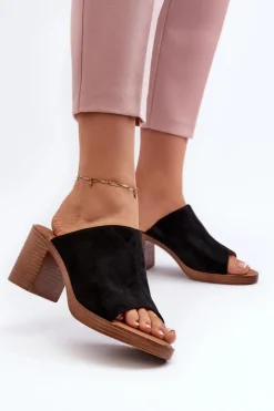 Eleganckie Lekkie Klapki Damskie Na Obcasie Czarne Varnila