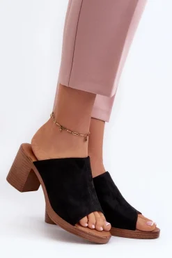 Eleganckie Lekkie Klapki Damskie Na Obcasie Czarne Varnila