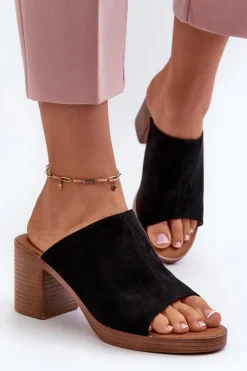 Eleganckie Lekkie Klapki Damskie Na Obcasie Czarne Varnila