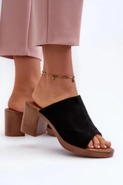 Eleganckie Lekkie Klapki Damskie Na Obcasie Czarne Varnila