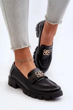 Eleganckie Mokasyny Damskie Ze Złotą Ozdobą Czarne Tosisa