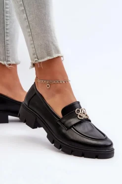 Eleganckie Mokasyny Damskie Ze Złotą Ozdobą Czarne Tosisa