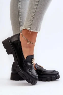 Eleganckie Mokasyny Damskie Ze Złotą Ozdobą Czarne Tosisa