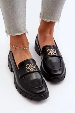 Eleganckie Mokasyny Damskie Ze Złotą Ozdobą Czarne Tosisa