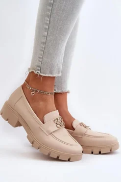 Eleganckie Mokasyny Damskie Ze Złotą Ozdobą Beżowe Tosisa