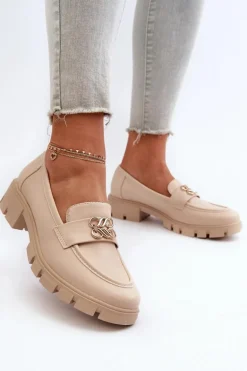 Eleganckie Mokasyny Damskie Ze Złotą Ozdobą Beżowe Tosisa