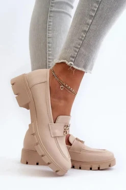 Eleganckie Mokasyny Damskie Ze Złotą Ozdobą Beżowe Tosisa