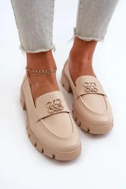 Eleganckie Mokasyny Damskie Ze Złotą Ozdobą Beżowe Tosisa