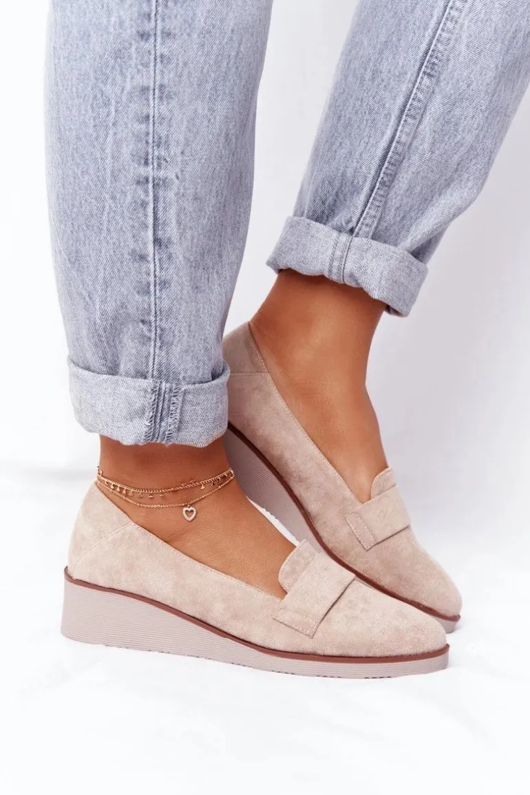 Eleganckie Półbuty Na Koturnie Vinceza 10599 Zamszowe Beżowe