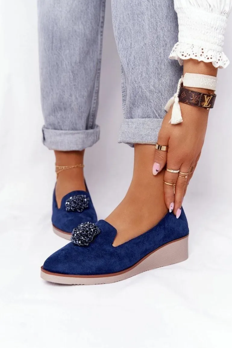 Eleganckie Półbuty Na Koturnie Vinceza 10580 Zamszowe Granatowe