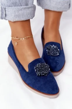 Eleganckie Półbuty Na Koturnie Vinceza 10580 Zamszowe Granatowe