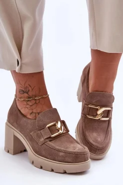 Eleganckie Półbuty Na Słupku Ze Złotą Ozdobą Beżowe Lemar Harmell