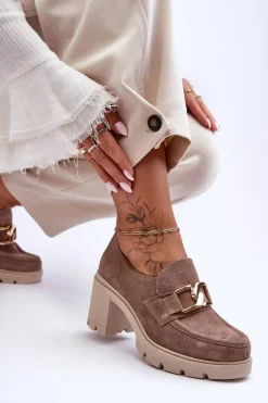 Eleganckie Półbuty Na Słupku Ze Złotą Ozdobą Beżowe Lemar Harmell