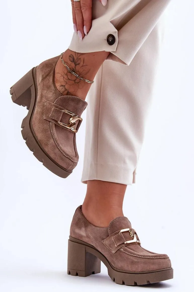 Eleganckie Półbuty Na Słupku Ze Złotą Ozdobą Ciemnobeżowe Lemar Harmell