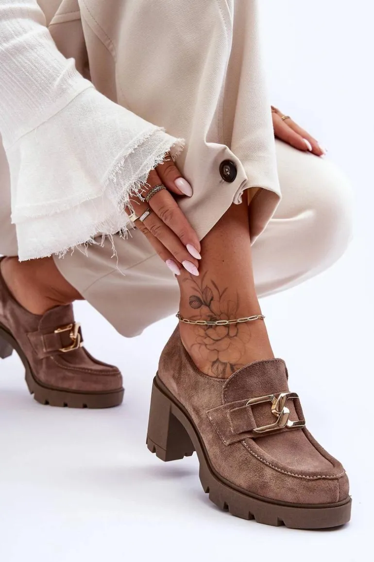 Eleganckie Półbuty Na Słupku Ze Złotą Ozdobą Ciemnobeżowe Lemar Harmell