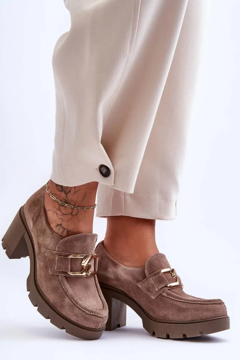 Eleganckie Półbuty Na Słupku Ze Złotą Ozdobą Ciemnobeżowe Lemar Harmell