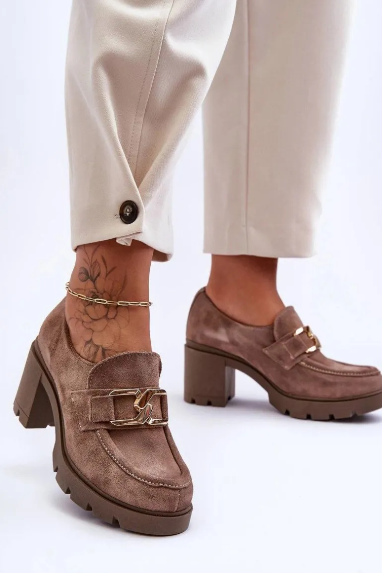 Eleganckie Półbuty Na Słupku Ze Złotą Ozdobą Ciemnobeżowe Lemar Harmell