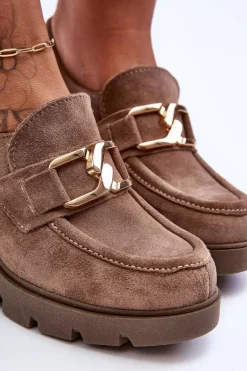 Eleganckie Półbuty Na Słupku Ze Złotą Ozdobą Ciemnobeżowe Lemar Harmell