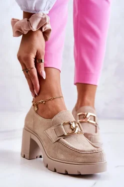 Eleganckie Półbuty Na Słupku Ze Złotą Ozdobą Jasnobeżowe Lemar Harmell