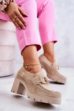 Eleganckie Półbuty Na Słupku Ze Złotą Ozdobą Jasnobeżowe Lemar Harmell