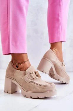 Eleganckie Półbuty Na Słupku Ze Złotą Ozdobą Jasnobeżowe Lemar Harmell