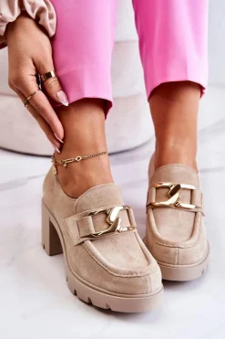 Eleganckie Półbuty Na Słupku Ze Złotą Ozdobą Jasnobeżowe Lemar Harmell