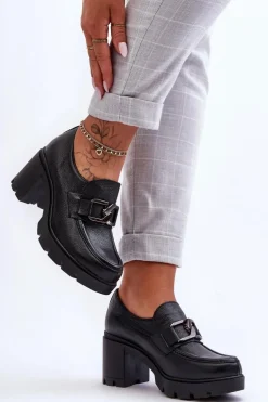 Eleganckie Półbuty Na Słupku Z Ozdobą Czarne Lemar Harmell