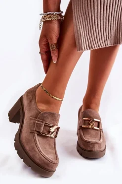 Eleganckie Półbuty Na Słupku Ze Złotą Ozdobą Ciemnobeżowe Lemar Harmell