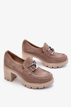 Eleganckie Półbuty Na Słupku Z Ciemnosrebrną Ozdobą Beżowe Lemar Harmell