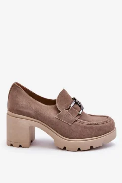 Eleganckie Półbuty Na Słupku Z Ciemnosrebrną Ozdobą Beżowe Lemar Harmell