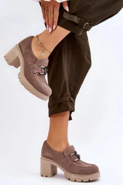 Eleganckie Półbuty Na Słupku Z Ciemnosrebrną Ozdobą Beżowe Lemar Harmell