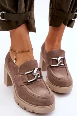 Eleganckie Półbuty Na Słupku Z Ciemnosrebrną Ozdobą Beżowe Lemar Harmell