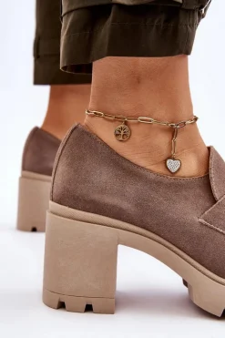 Eleganckie Półbuty Na Słupku Z Ciemnosrebrną Ozdobą Beżowe Lemar Harmell