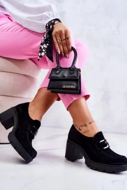 Eleganckie Półbuty Na Słupku Z Ciemną Ozdobą Czarne Lemar Harmell