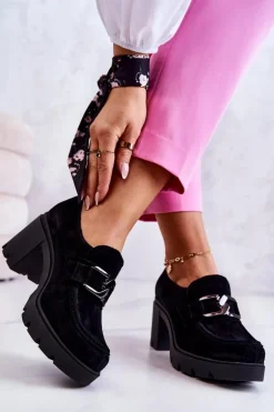 Eleganckie Półbuty Na Słupku Z Ciemną Ozdobą Czarne Lemar Harmell