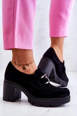 Eleganckie Półbuty Na Słupku Z Ciemną Ozdobą Czarne Lemar Harmell